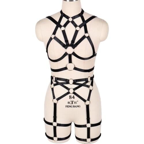 Sexy 2PCS Set Women Tops Chest Hollow Out Strappy Cage Bra Harness From Waist To Leg Bondage Straps Adjustable Garter Underwear