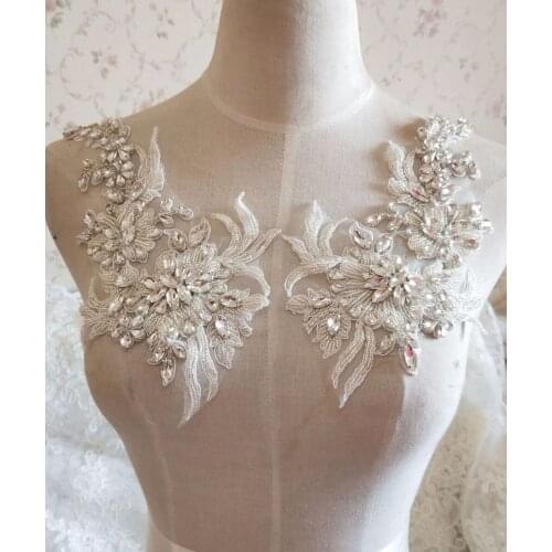 Fabulous Full Rhinestone Crystal Applique Pair For Bridal Accessories Wedding Dress Sash Haute Couture Costume Embellishment