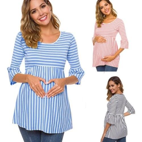 Maternity Tops New Striped Premama T-shirt Three Quarter Sleeves Casual Patchwork Tee Maternity Blouse Clothing for Pregnant Mom