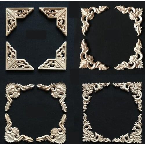 Vintage Unpainted Wood Carved Corner Onlay Applique Frame for Home Furniture Wall Cabinet Door Wood Appliques for Furniture
