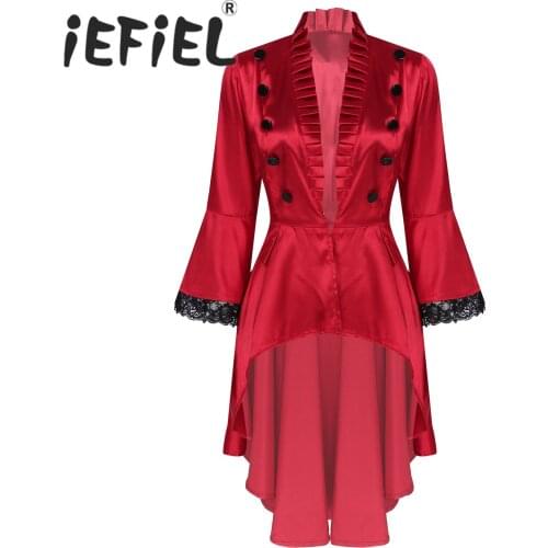 Women Victorian Gothic Jacket Stand Collar Long Sleeves Back Lace Up High Low Irregular Hem Tops for Roleplay Themed Parties