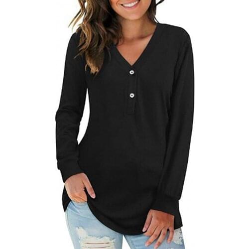Women Solid Color V Neck Button Casual Long Sleeve Tops Womens Blouse Tops Mid-length Loose T Shirt for Ladies Female Clothing
