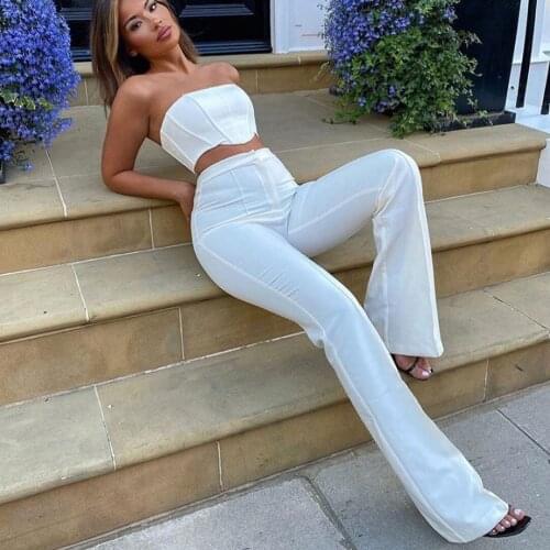 Strapless Corset Crop Top And Flare Pants Sets Solid High Waist Women Sexy Outfit Elegant Casual Legging 2 Piece Set