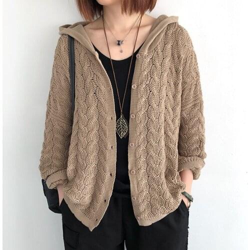 Ladies Knitting Cardigan Sweater V neck Hooded 2021 Autumn Winter Long Sleeve Hollow Out Thin Korean Big Size Outerwear Coat