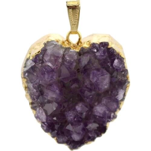 1PC Large Heart Shape Genuine Druzy Amethysts Necklace with Chain Healing Semi-stone Pendant with Chain Jewelry Craft Goldtone