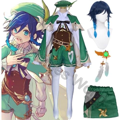 2021 New Game Genshin Impact Cosplay Wig Anime Accessories Project Venti Cosplay Costume Womens Cloak Shirt Pants Belt Full Set