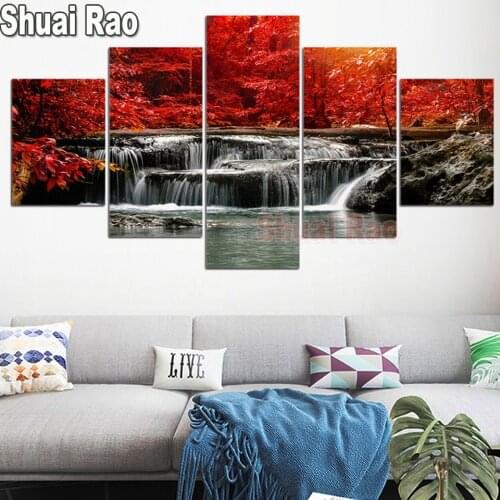 5 Panel Red Tree Waterfall Cross Stitch Crystal Diamond Painting Full Square Round 5D DIY Diamond Painting Embroidery Landscape