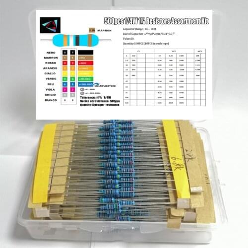 500pcs/lot 50 values 1/4W 0.25W 1% Metal Film Resistor Assortment Kit Set 1R-10mR 1ohm-10Mohm resistor samples kit