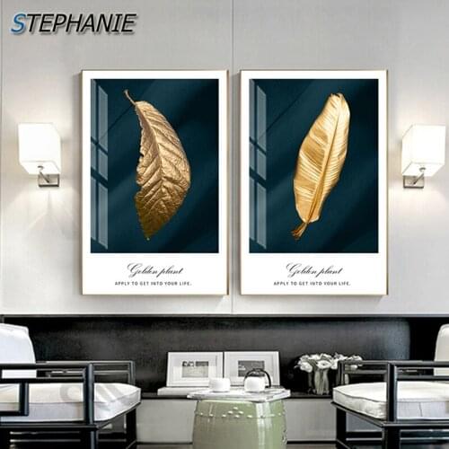 Abstract Dark Green Leaf Painting Dark Green Canvas Art Modern Golden Wall Art Picture for Living Room Christmas Tableaux Poster