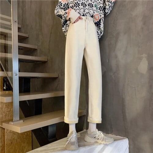High Waist Jeans Plus Velvet Solid Women Harajuku Korean Style Vintage Casual Loose Streetwear Chic Plus Size Pockets Trousers