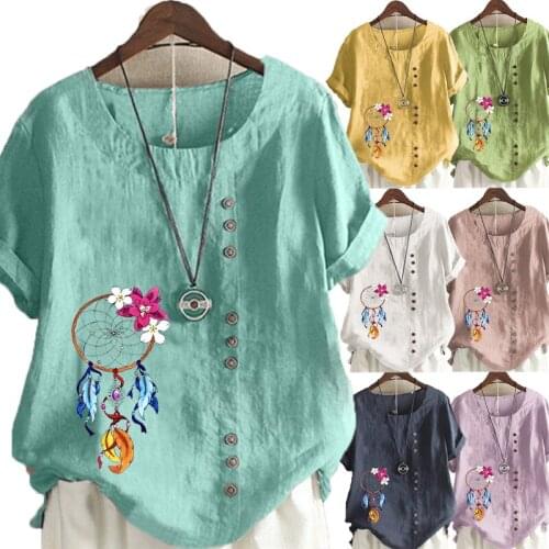 Summer Casual Dreamcacther Print Loose T-shirts Vintage Cotton and Linen O-Neck Plus Size Short Sleeve Blouse Tops For Women