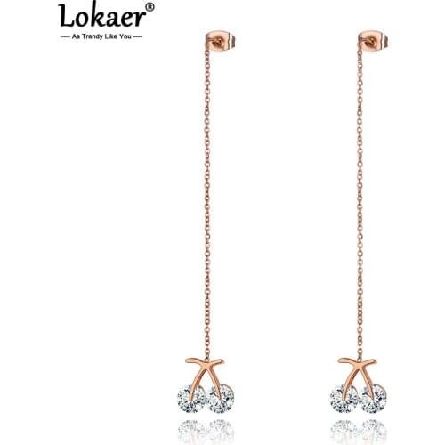 Lokaer Trendy Stainless Steel CZ Crystal Cherry Fruit Tassel Earrings Rose Gold Ear Line Dangle Earrings For Women Girls E20008