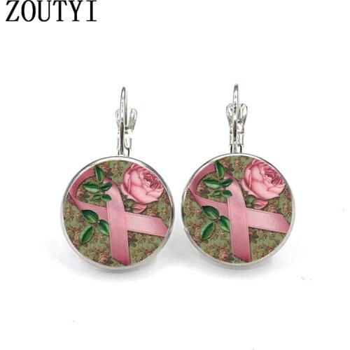 New/glamour pink ribbon pattern photo, convex glass inlay earrings, feminine decoration