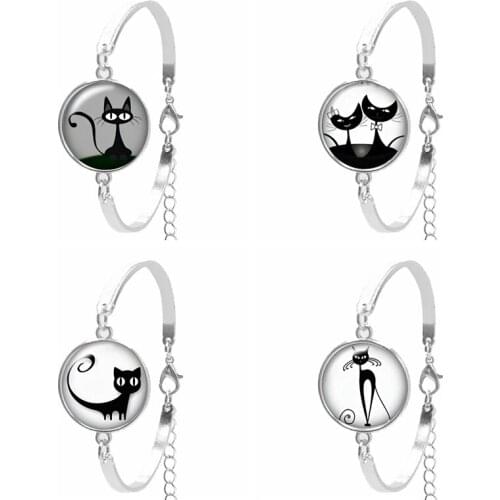 2019 New Ladies Bracelet Art Cartoon Anime Black Cat Glass Convex Round Silver Chain Bracelet Daughter Sister Gift Jewels