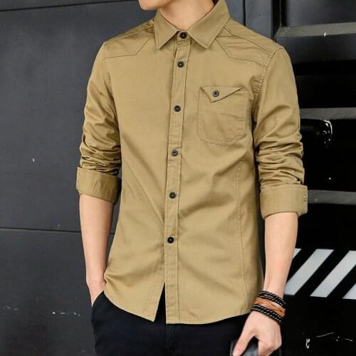New Arrival 2020 Autumn Casual Mens Shirts Army Green Shirt Long Sleeve Slim Fit Shirt Male Safari Shirt Mens Clothing