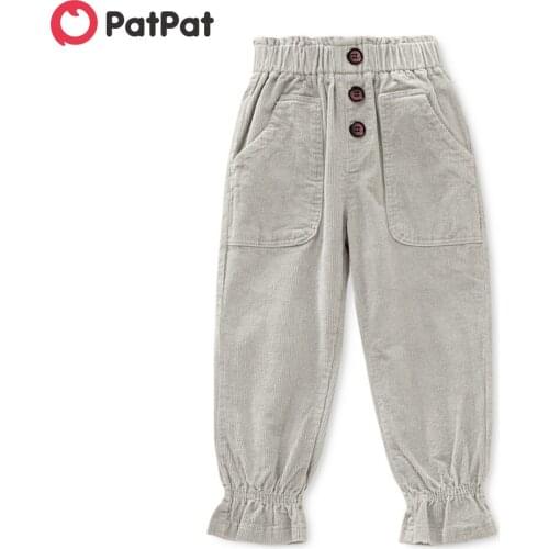 PatPat Toddler Girl Ruffled Button Design Solid Corduroy Casual Pants with Pocket