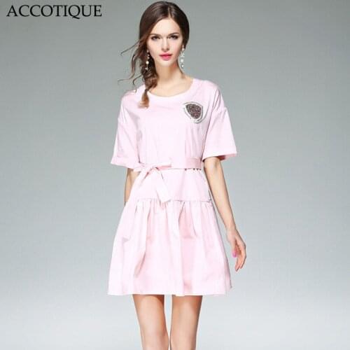 New Spring Summer Womens Fashion Solid Diamonds Short Sleeve Dress Female Cute Slim O-Neck Pink Dresses With Butterfly Sashes