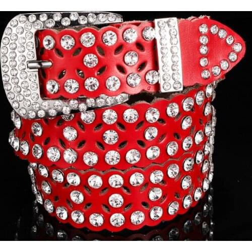 NEW RED ceinture homme femme luxe unisex Pin buckle full rhinestone WOMEN MEN BELT leather High quality cheap gifts long 107CM