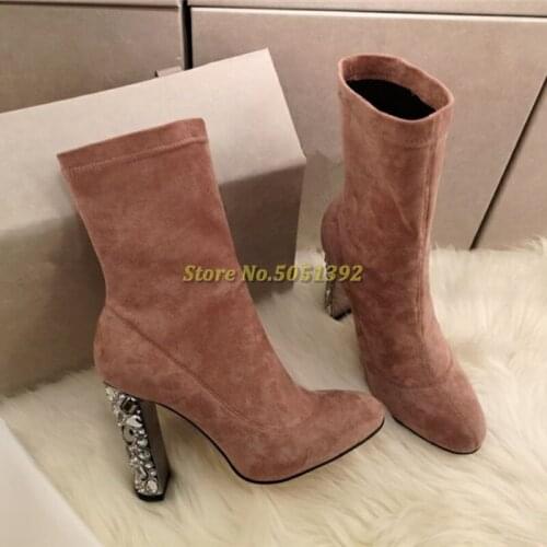 Crystal Block Heel Ankle Booties Slip On Round Toe Suede Brown Black Flock Sock Boots Saquar Heel Ankle Boots Custom Made Shoes
