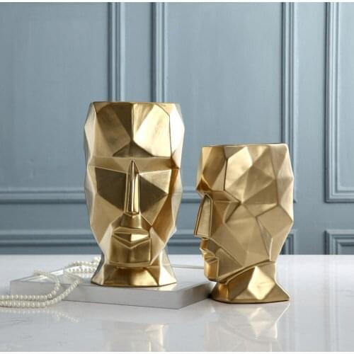 Nordic Ceramics Vase Geometric Origami Abstract Golden Human Head Vases Flower Arrangement Crafts Figurines Home Decoration