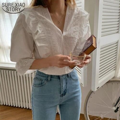 Korean Retro Elegant Blouses Short Sleeve Womens Shirts White Shirt for Women Cotton Hollow Out Beautiful Blouses 13500