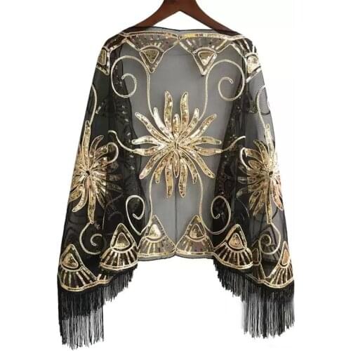 Roaing 20s Sequined Beaded Womens 1920s Scarf Wraps Sequin Deco Fringed Wedding Cape Evening Shawl Vintage Prom