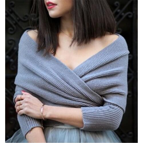 Off shoulder V Neck Twisted Back Sweater Women Jumpers Autumn Pullovers Casual Tops Long Sleeve Knitted Sweaters pull femme