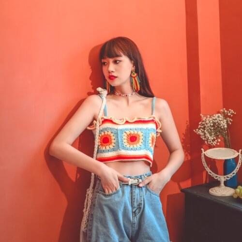 2021 Spring New Women Sweet Jacquard Crochet Sling Strapless Knitted Sweater Vest Crop Top Lady Slim Chic Tops