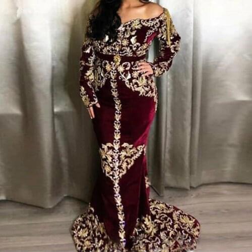 Burgundy Mermaid 2020 Arabic Caftans Evening Dress Lace Beaded Velvet Prom Dresses Off Shoulder Long Sleeves Formal Party Gowns
