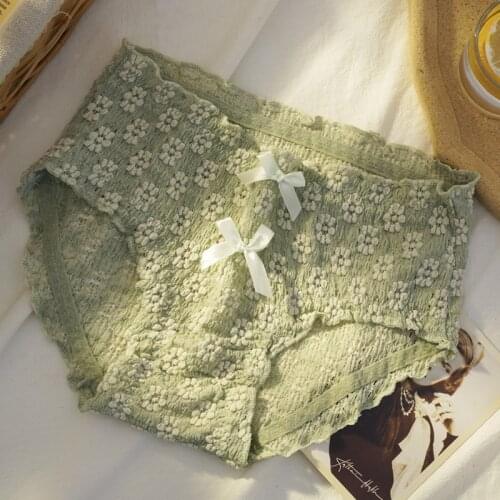 Pear flower pattern mid-waist womens underwear fresh girl bow triangle pants spot sales women cotton panties