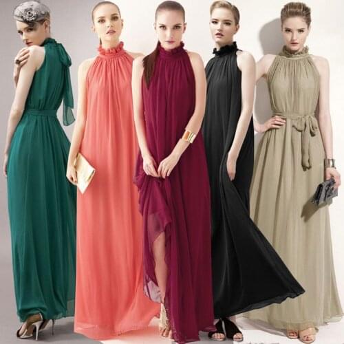 2021 Pure color chiffon Dress Women New High Waist Sleeveless large size neck stand collar long super long Beach dress