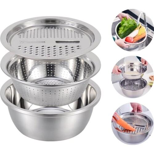 3pcs Kitchen Colander,Multi Functional Large Fine Mesh Stainless Steel Basket Vegetable Washing Bowl Set Strainer For Kitchen