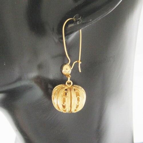 BALL PUMPKIN SHAPE DANGLER EARRING TALL 1.38" /- YELLOW GOLD GP OVERLAY COATED FILL BRASS /MIN ORDER IS 10$ CAN MIX DESIGN