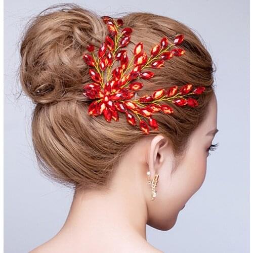Big Leaf Bridal Head Jewelry Piece Flower Red Rhinestone Hair Vine Chinese Wedding Hair Accessories For Bridesmaid Head Dress