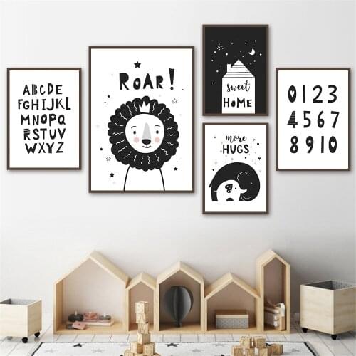 Black And White Elephant Lion Print Poster Nursery Wall Art Canvas Prints Number Alphabet Painting Wall Pictures Baby Room Decor