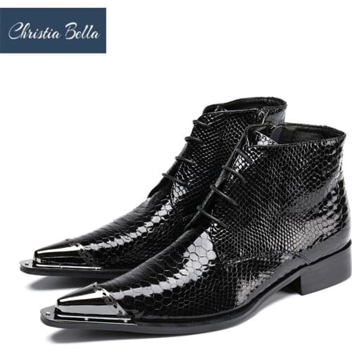 Christia Bella Winter Shoes Genuine Leather Men Pointed Toe Mens Dress Boots Height Inceased Mens Snake Skin High Heels