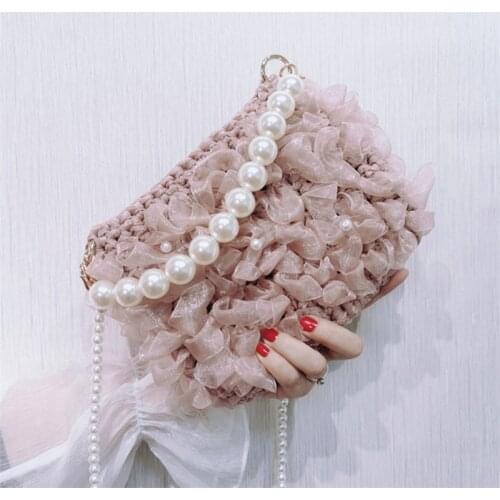 Diy Homemade Hand Ribbon Bag Pearl Chain Bead Shoulder Women Material Bag Knit Bag Crossbody Bag 2021 Flap Hobos Handbag Totes