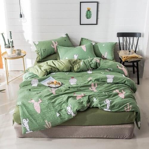 Green Cactus Bedding Sets 4pcs Pink Carrot Washed Cotton Polyester Soft Duvet Cover Bed Linen Sheet Pillowcases