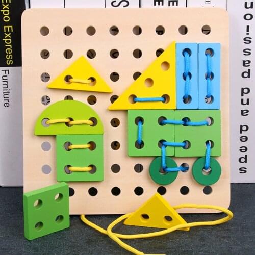 Creative Rope Game Wooden DIY Baby Kindergarten Supplies Wood Blocks Pegboard Educational Montessori Childrens Life Skills Toys