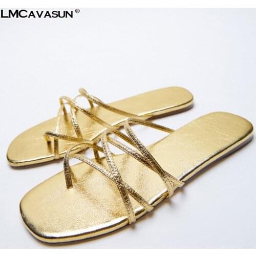 LMCAVASUN 2021 Summer Designer Shoes Fashion Golden Womens Slippers Flat Flip-flops With Thin Strap Flat Sandales
