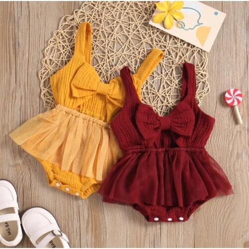 Baby Summer Jumpsuit Girls Solid Color Strappy V-Neck Sleeveless Bowknot Romper Skirt for Baby Girls 0-24 Months
