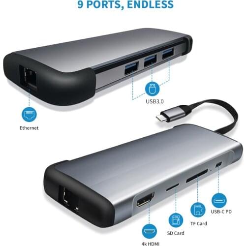 LIOEO Laptop Docking Station RJ45 Ethernet Converter Thunderbolt Adapter For Macbook to HDMI 9-in-1 USB3.0 PD micro sd Usb Hub