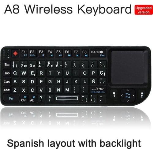 Teclado español 7 color backlit A8 Mini Wireless Keyboard 2.4ghz Spanish Air Mouse with Touchpad Remote Control Android TV Box
