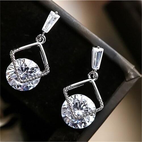 Trendy 925 Sterling Silver Earrings For Women Jewelry Fashion Crystal Square Drop Earring Lady Princess Festival Gift