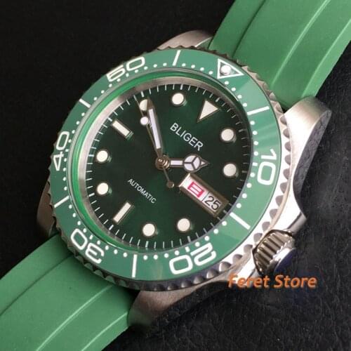 BLIGER Brand 40mm Men Watch Luminous Green dial Stainless Case Green Rubber Strap Ceramics Bezel NH36 Automatic Mechanical watch