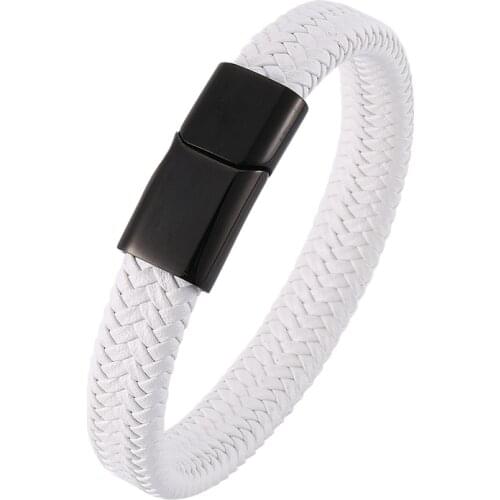 2019 Fashion Stainless Steel Magnetic Clasp Chain Braided Leather Bracelet Men Punk Male Braid Jewelry for men Gifts PD0006