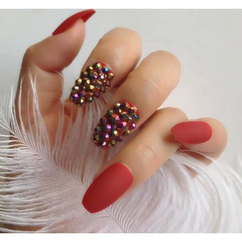 Press On Nails Bling Custom Full Rhinestones Decoration Design Coffin Matte False Nails Wine Red UV Gel Nail Tips 24pcs
