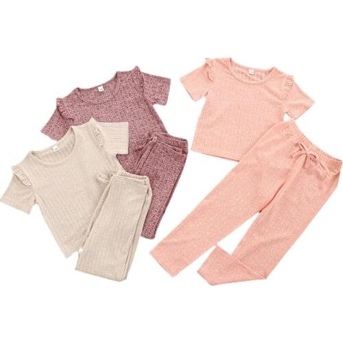 New 2 Pieces Kids Ruffles Suit Set, Girls Round Collar T-Shirts Tops+ Pants for Summer