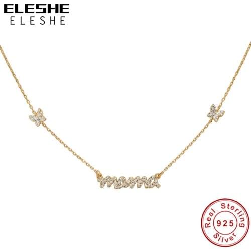 ELESHE Charming Dazzling Sterling Silver Zircon Butterfly Necklace 18K Gold Plated Mama Necklace for Women Gift Fine Jewelry