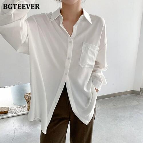 BGTEEVER Spring Turn-down Collar Oversize Solid Shirts for Women Casual Single-breasted Pocket Female Blouses Ladies Tops 2021